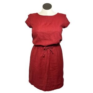 Women Red Linen Cotton Blend Short Sleeve Drawstring Mini Dress S 36/38